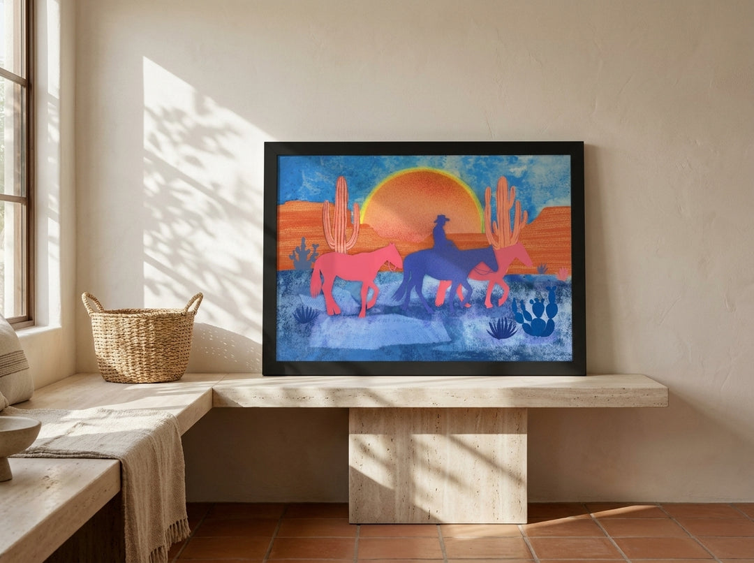 Modern wall art print standing on a console in a Mediterranean home office