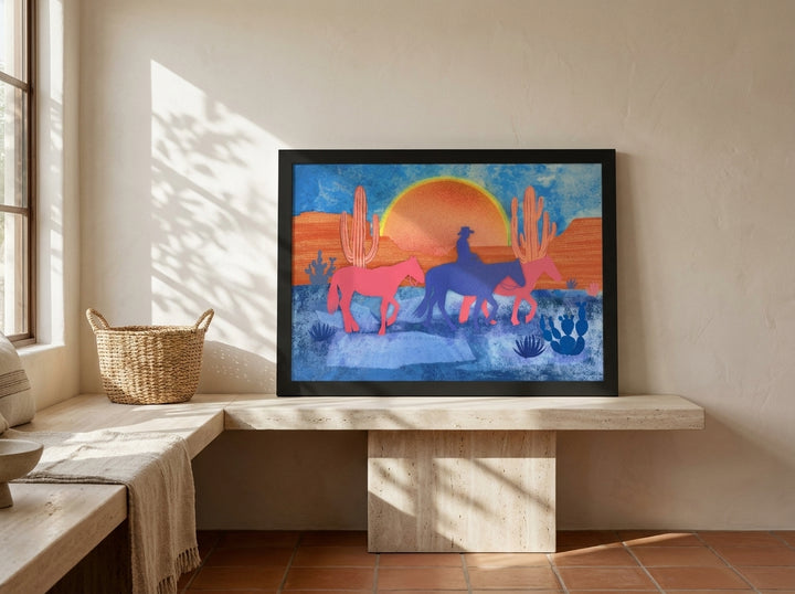 Modern wall art print standing on a console in a Mediterranean home office