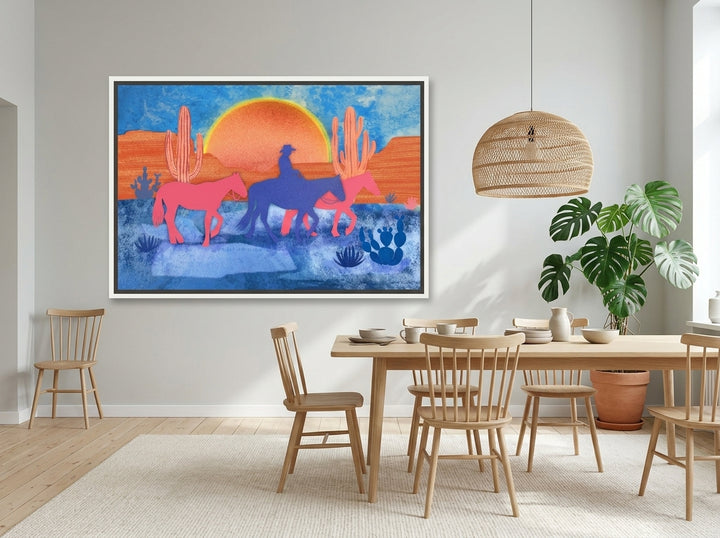 Oversized statement canvas wall art with a white surround styled on the wall in a bright Scandinavian dining room
