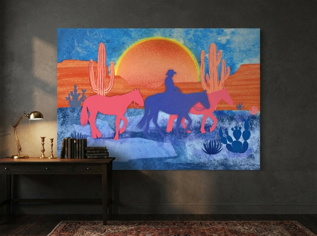Stretched canvas wall art styled on the wall in a moody home office