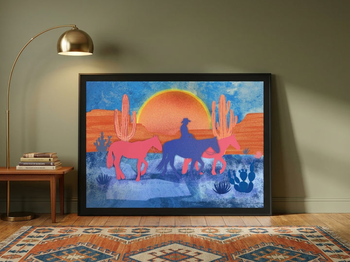Oversized statement modern wall art print leaning against the wall in a mid-century dining room