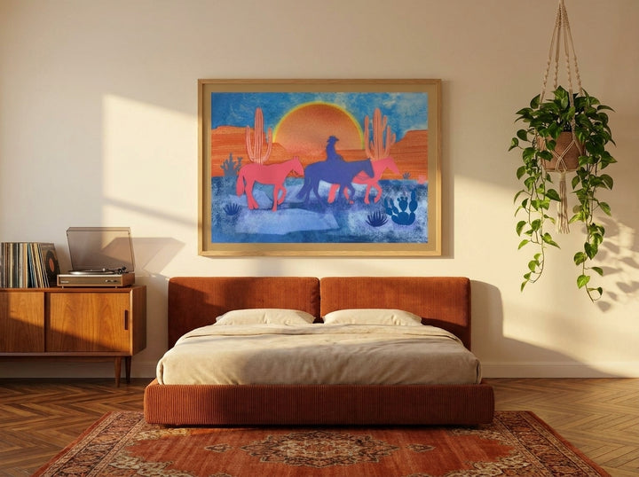 Modern wall art print styled on the wall in a retro 70s bedroom