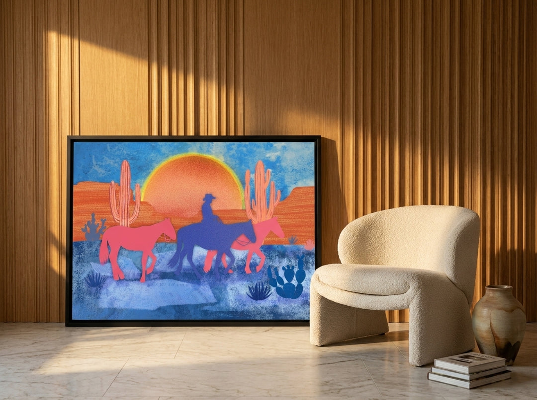 Canvas wall art with a black surround leaning against the wall in a luxe bedroom