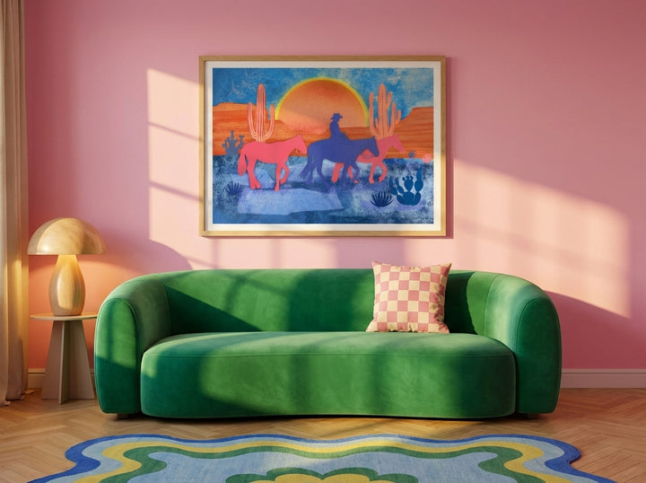 Modern wall art print styled on the wall in a colourful eclectic living room