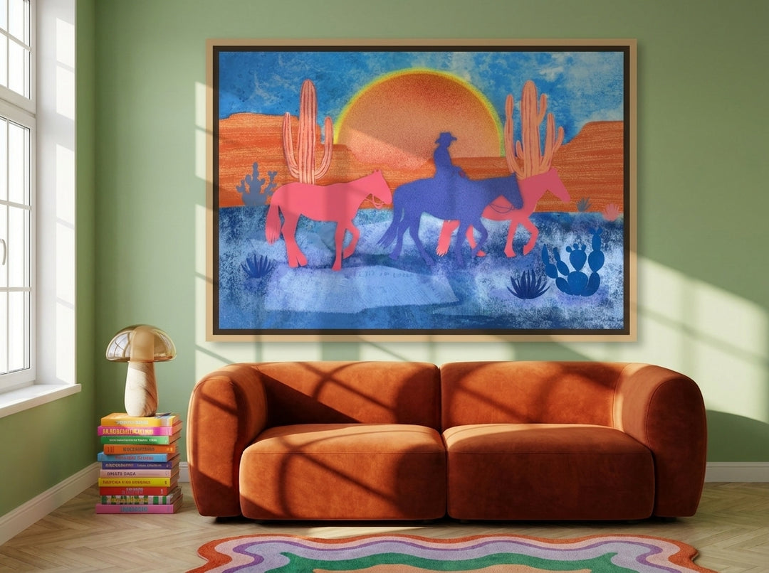 Oversized statement canvas wall art with a natural timber surround styled on the wall in a colourful eclectic living room
