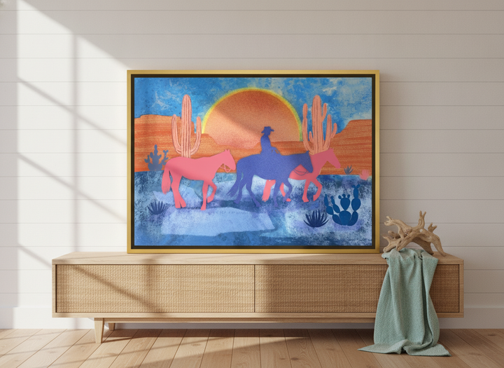 Canvas wall art with a gold leaf surround standing on a sideboard in a coastal living room