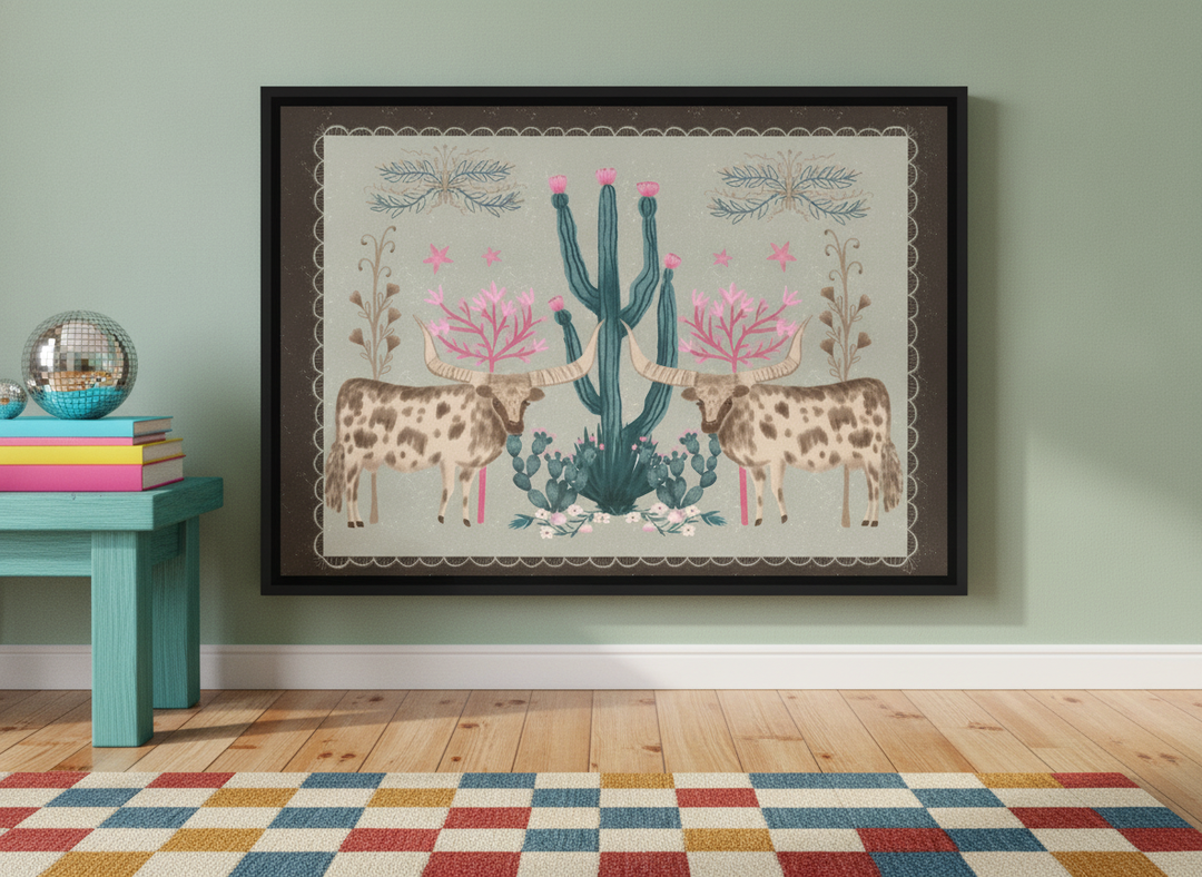 Canvas wall art with a black surround standing on a side table in a colourful eclectic dining room