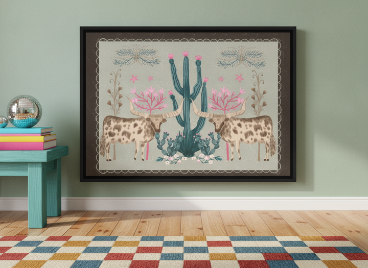 Canvas wall art with a black surround standing on a side table in a colourful eclectic dining room