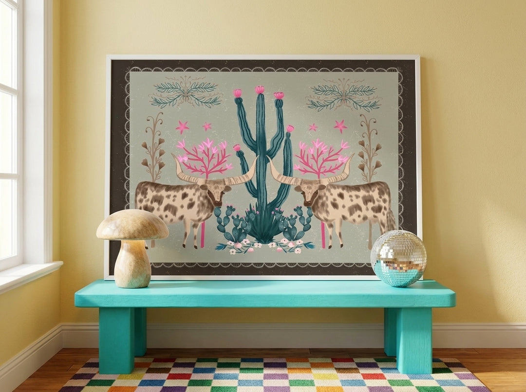 Modern wall art print standing on a side table in a colourful eclectic living room