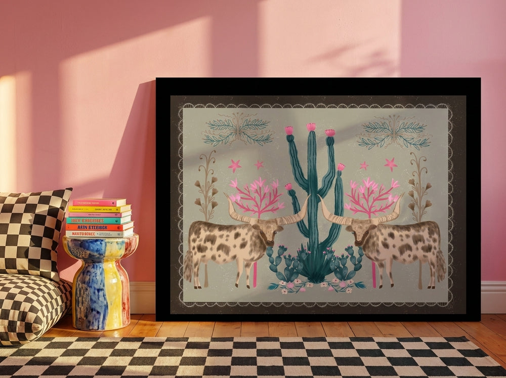 Oversized statement modern wall art print leaning against the wall in a colourful eclectic dining room