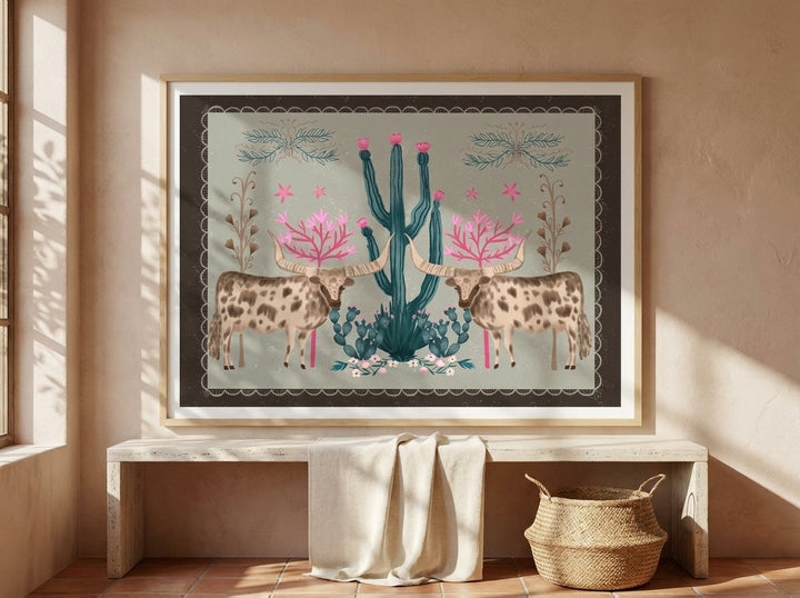 Modern wall art print styled on the wall in a Mediterranean living room