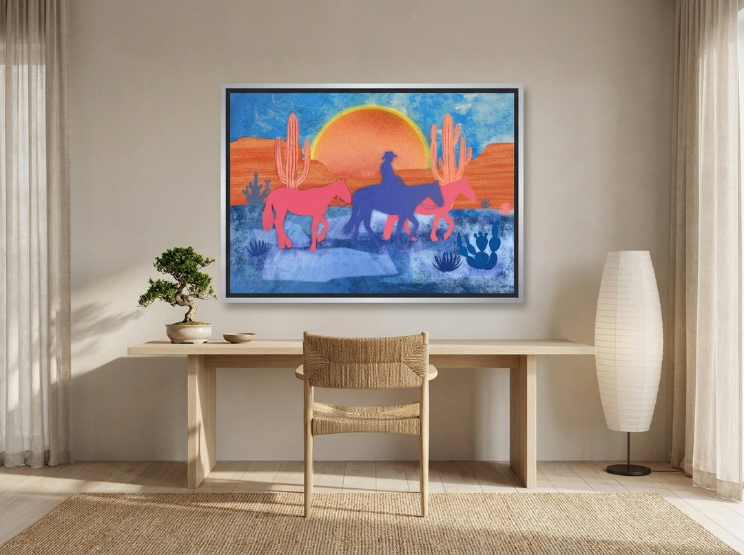 Canvas wall art with a silver leaf surround styled on the wall in a warm Japandi home office