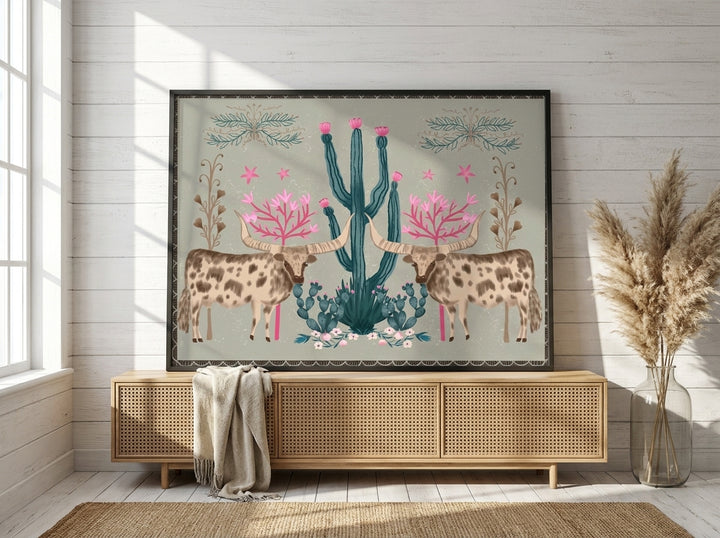 Modern wall art print standing on a sideboard in a coastal bedroom