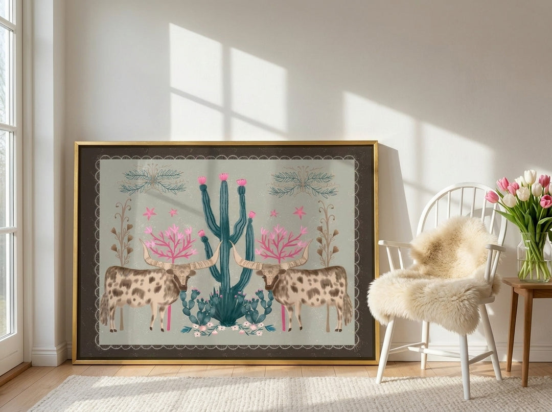 Canvas wall art with a gold leaf surround leaning against the wall in a bright Scandinavian bedroom