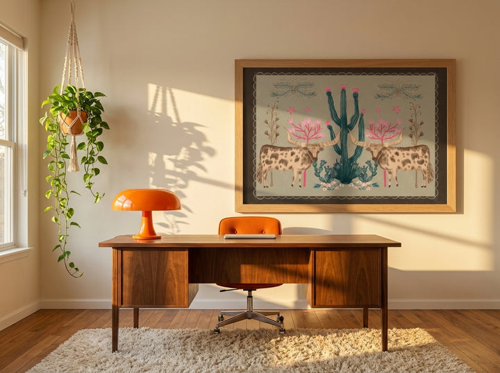 Oversized statement modern wall art print styled on the wall in a retro 70s home office