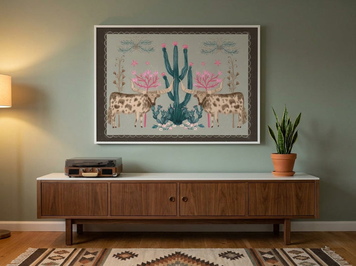 Modern wall art print styled on the wall in a mid-century kitchen