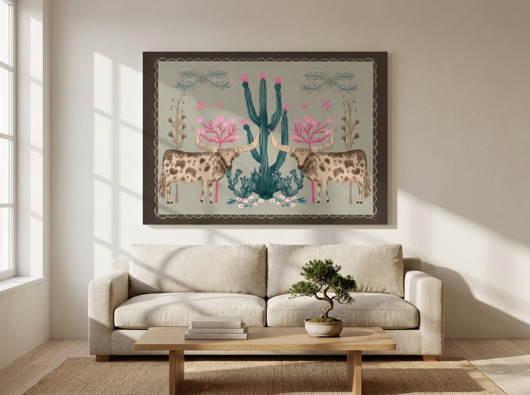 Stretched canvas wall art styled on the wall in a warm Japandi living room