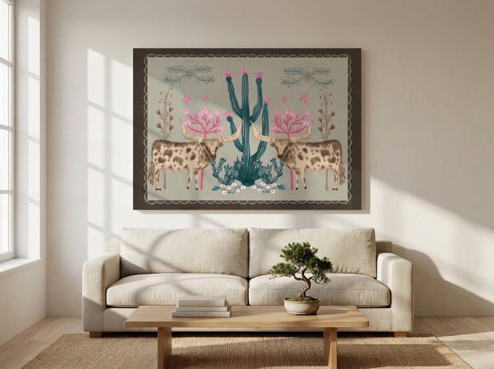 Stretched canvas wall art styled on the wall in a warm Japandi living room