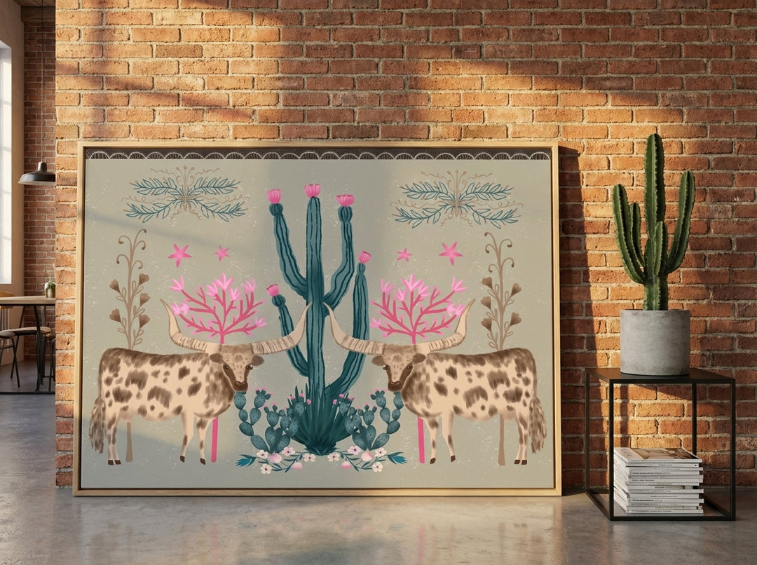 Oversized statement canvas wall art with a natural timber surround leaning against the wall in an industrial loft dining room