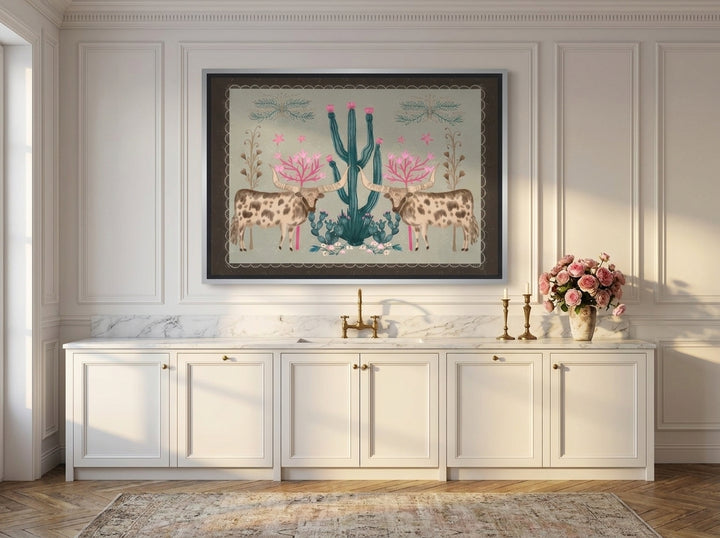 Canvas wall art with a silver leaf surround styled on the wall in a Parisian kitchen