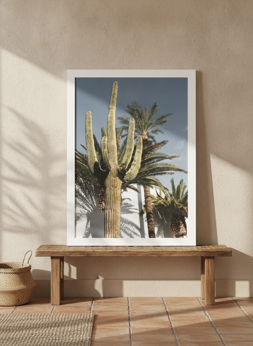 Modern wall art print standing on a bench in a Mediterranean bedroom