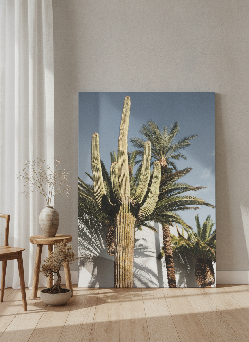 Stretched canvas wall art leaning against the wall in a warm Japandi home office