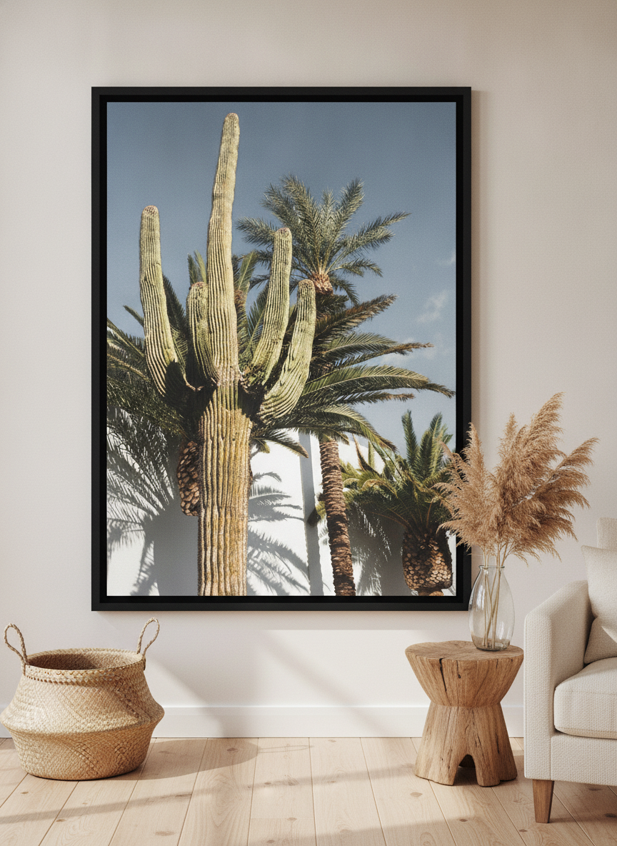 Oversized statement canvas wall art with a black surround leaning against the wall in a coastal living room