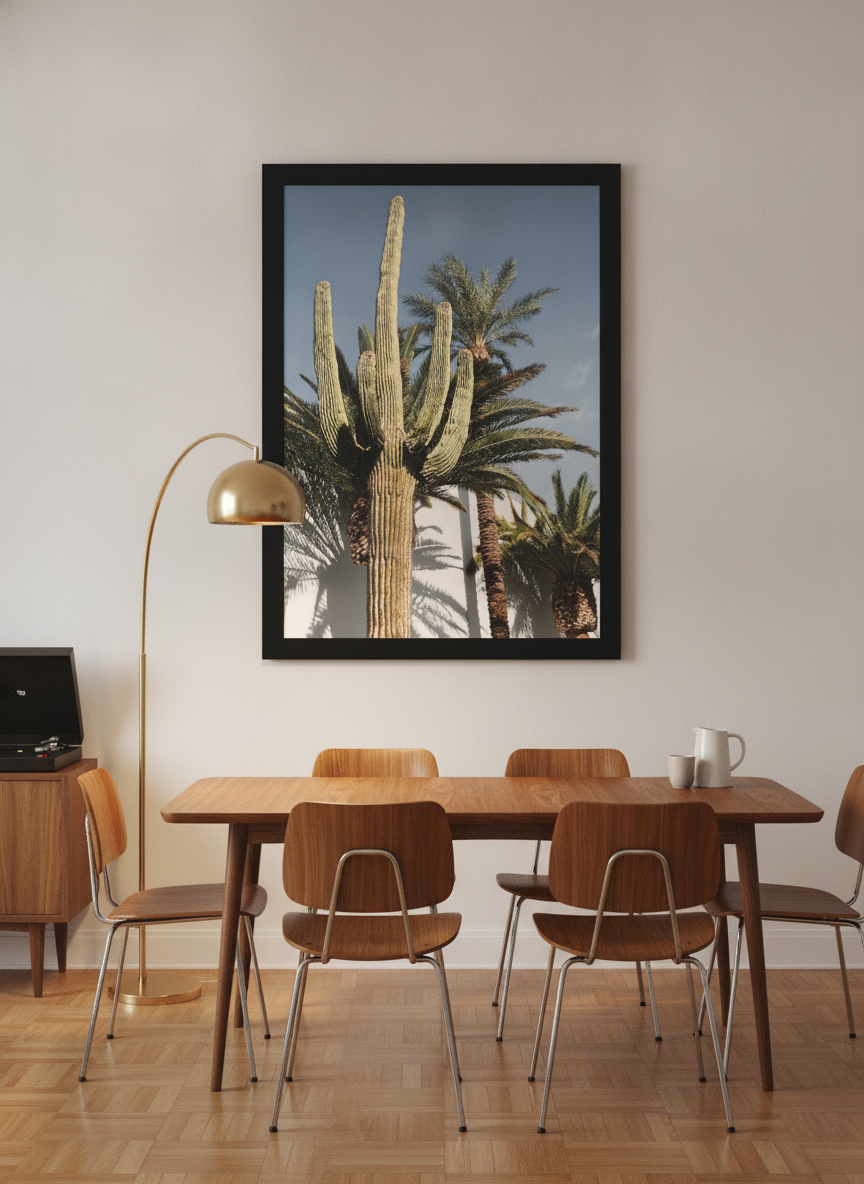 Modern wall art print styled on the wall in a mid-century dining room