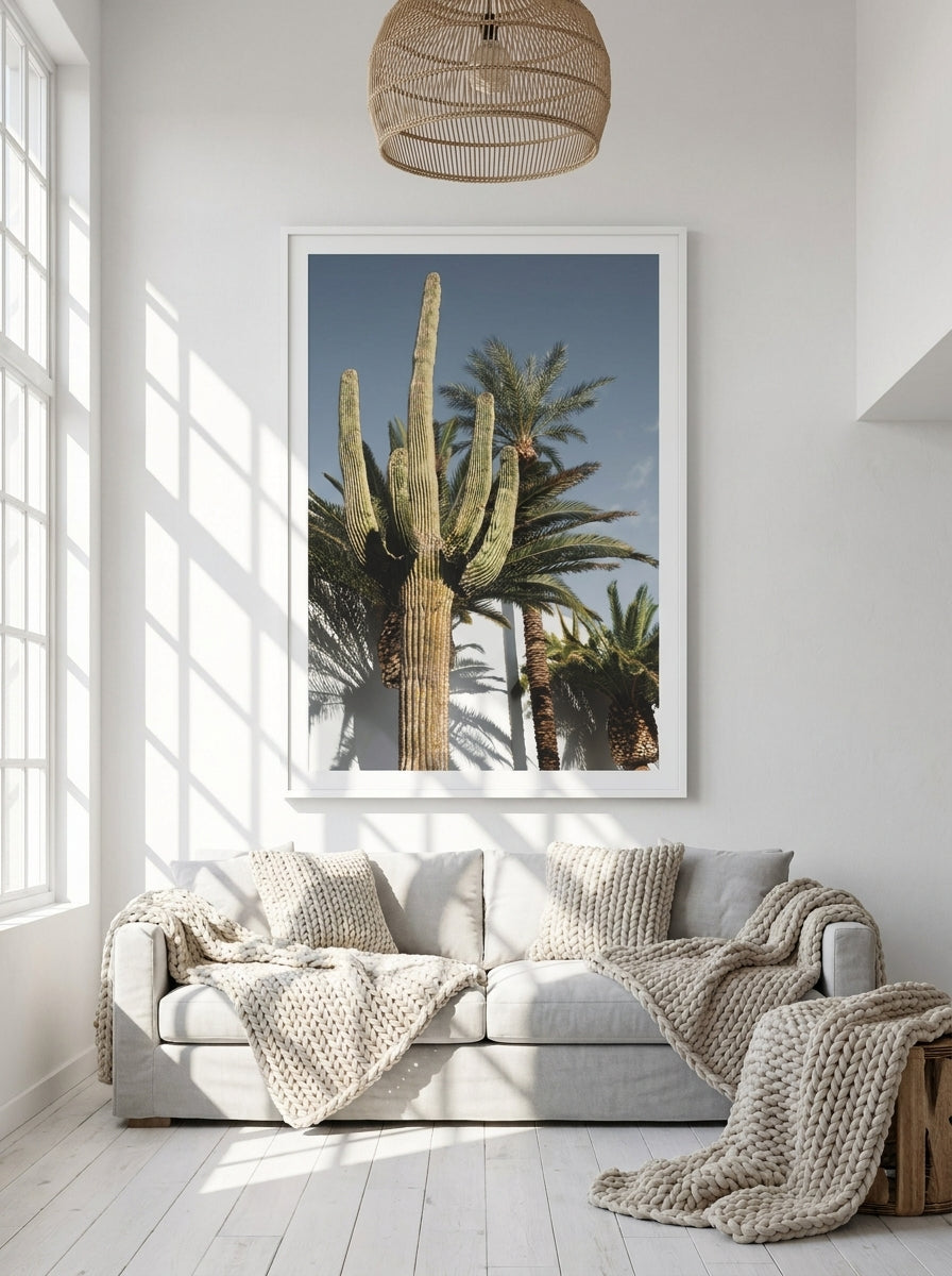 Oversized statement modern wall art print styled on the wall in a bright Scandinavian living room