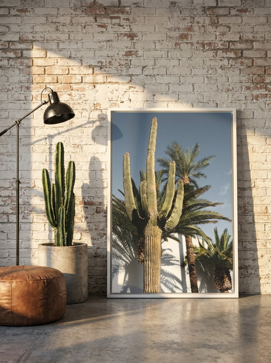 Canvas wall art with a white surround leaning against the wall in an industrial loft dining room