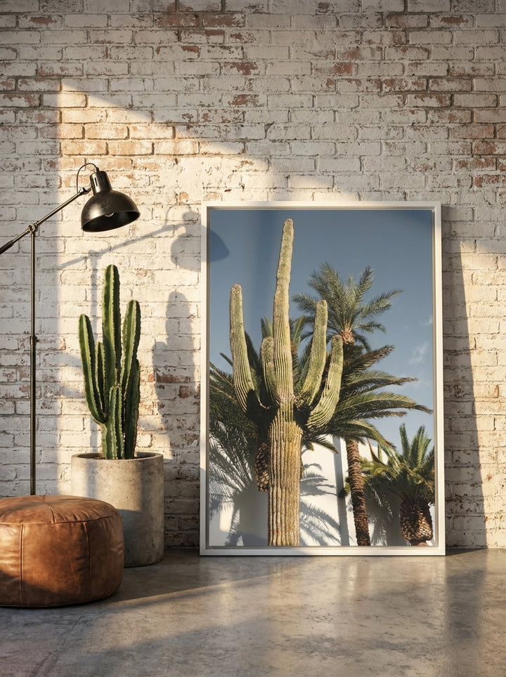 Canvas wall art with a white surround leaning against the wall in an industrial loft dining room
