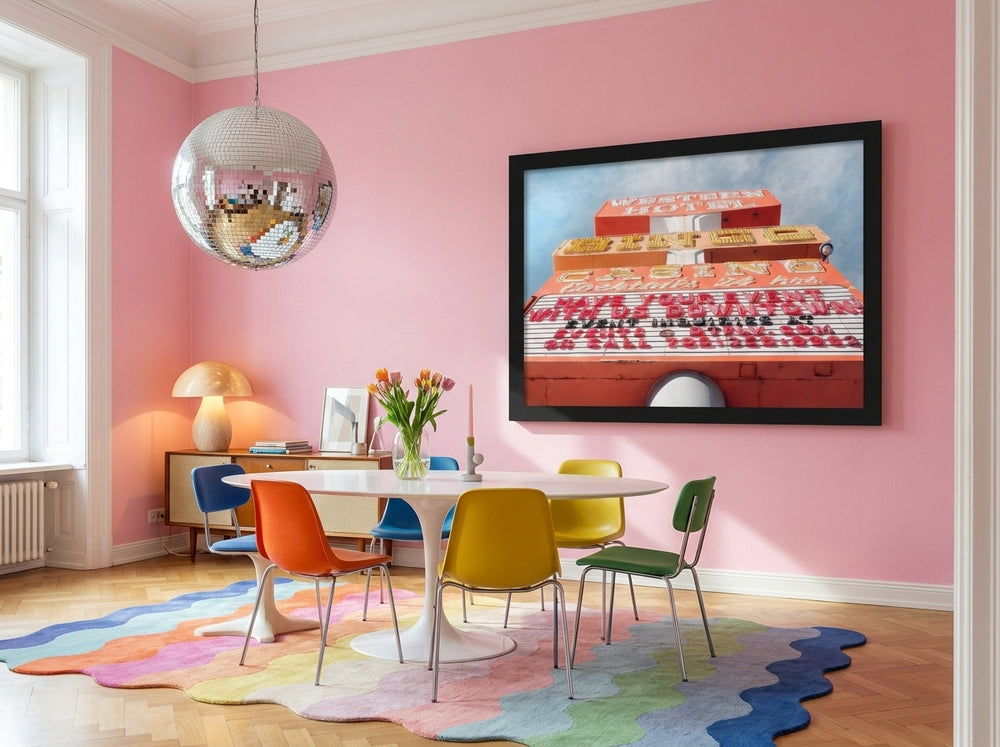Oversized statement modern wall art print styled on the wall in a colourful eclectic dining room