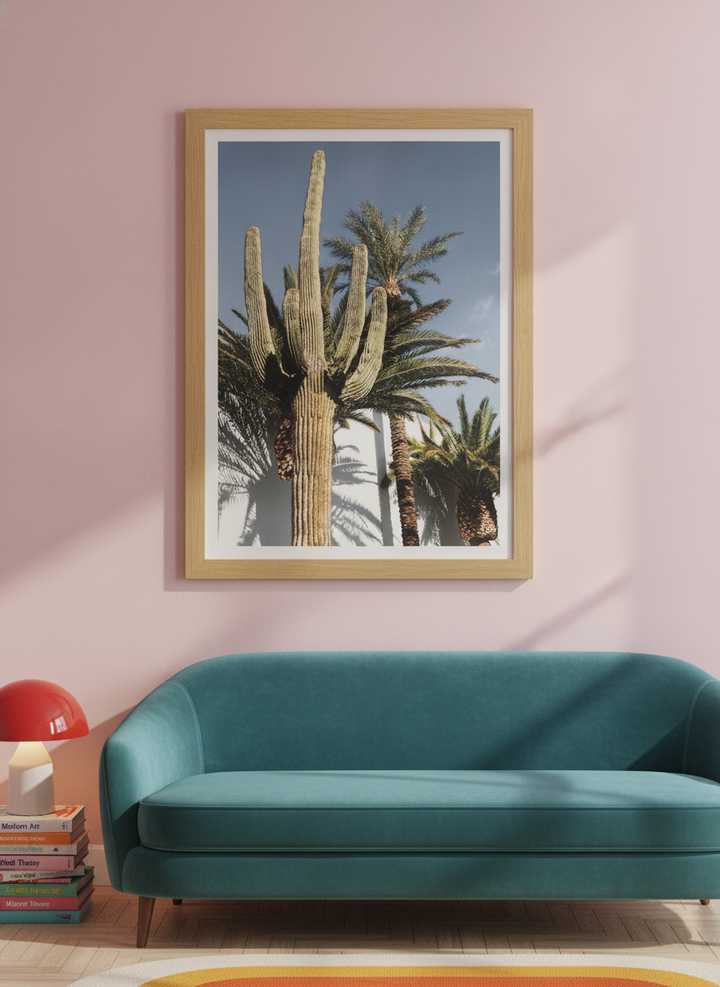 Modern wall art print styled on the wall in a colourful eclectic living room