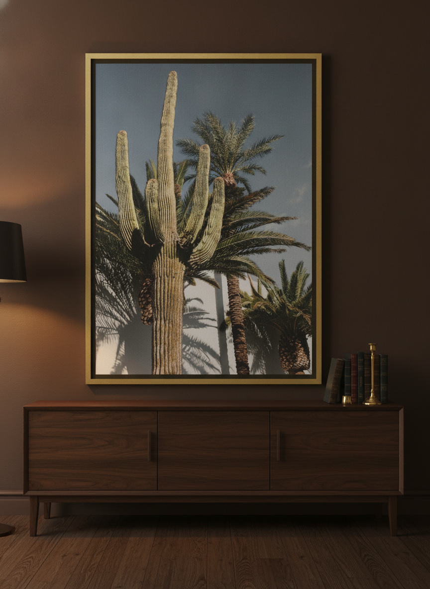 Oversized statement canvas wall art with a gold leaf surround styled on the wall in a moody living room