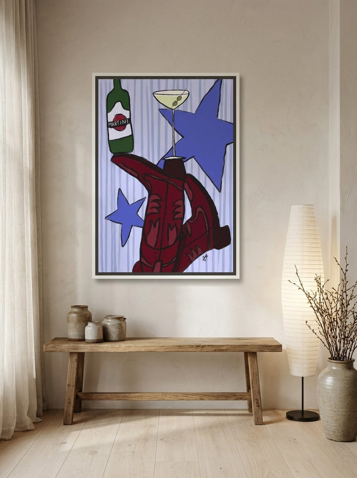 Canvas wall art with a white surround styled on the wall in a warm Japandi kitchen