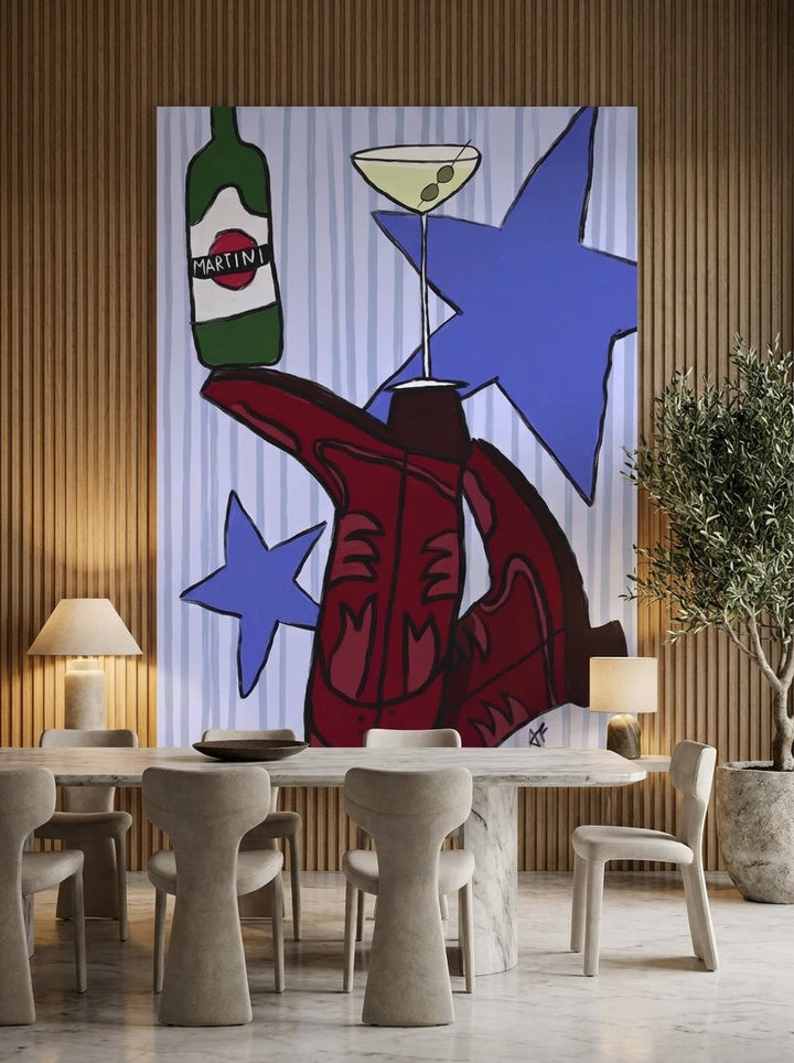 Stretched canvas wall art styled on the wall in a luxe dining room