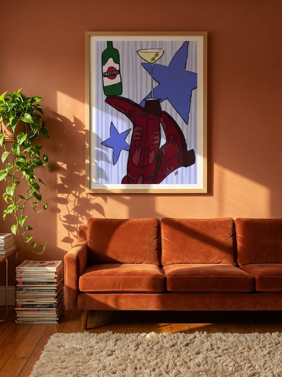 Modern wall art print styled on the wall in a retro 70s living room