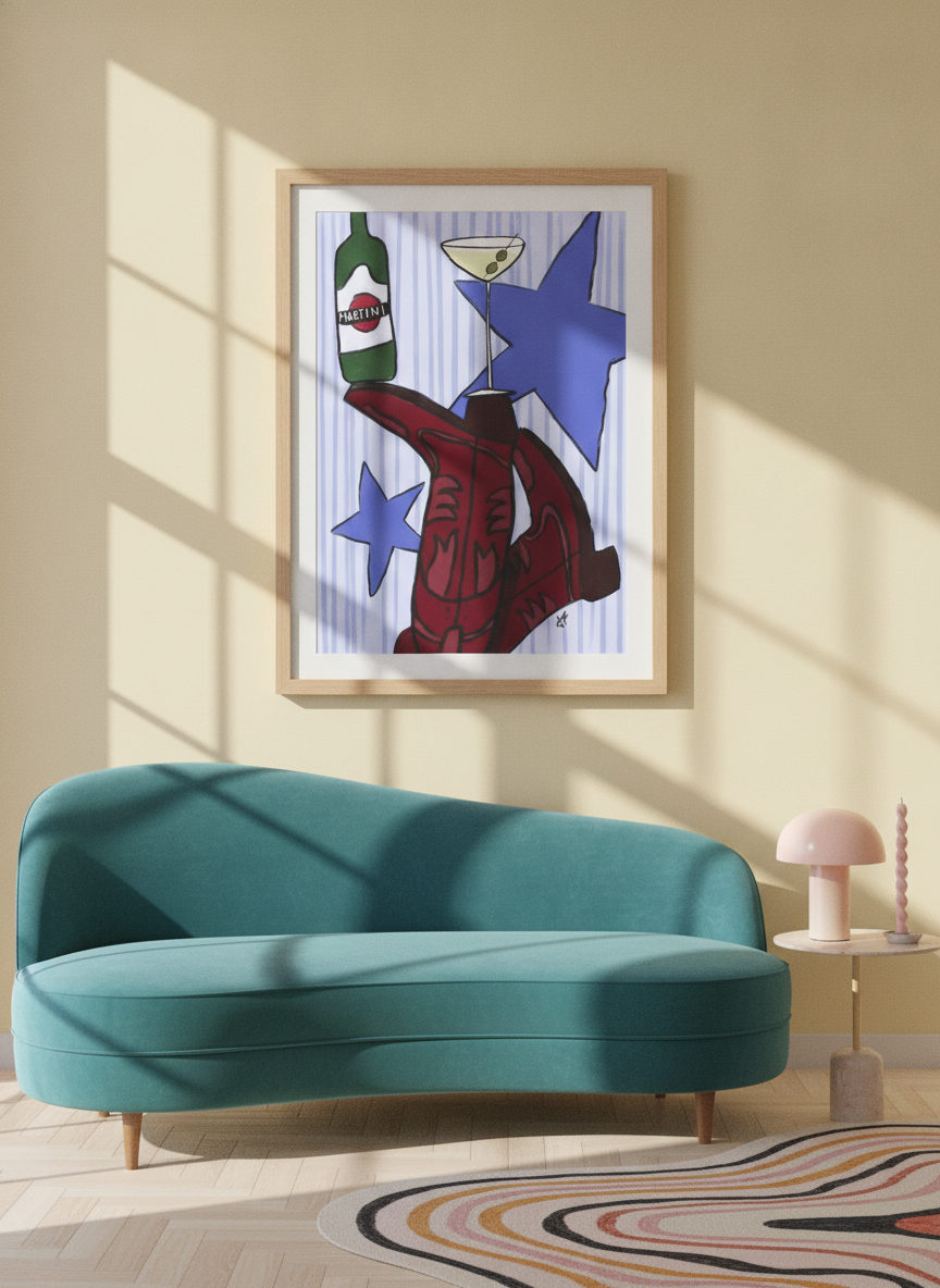 Modern wall art print styled on the wall in a colourful eclectic living room