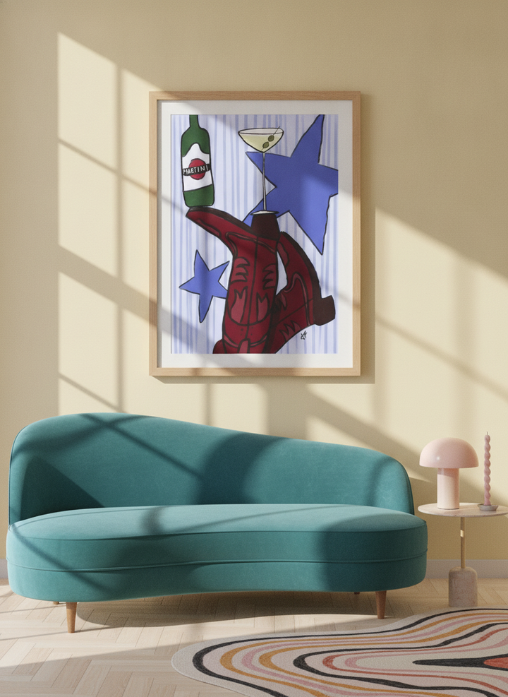 Modern wall art print styled on the wall in a colourful eclectic living room