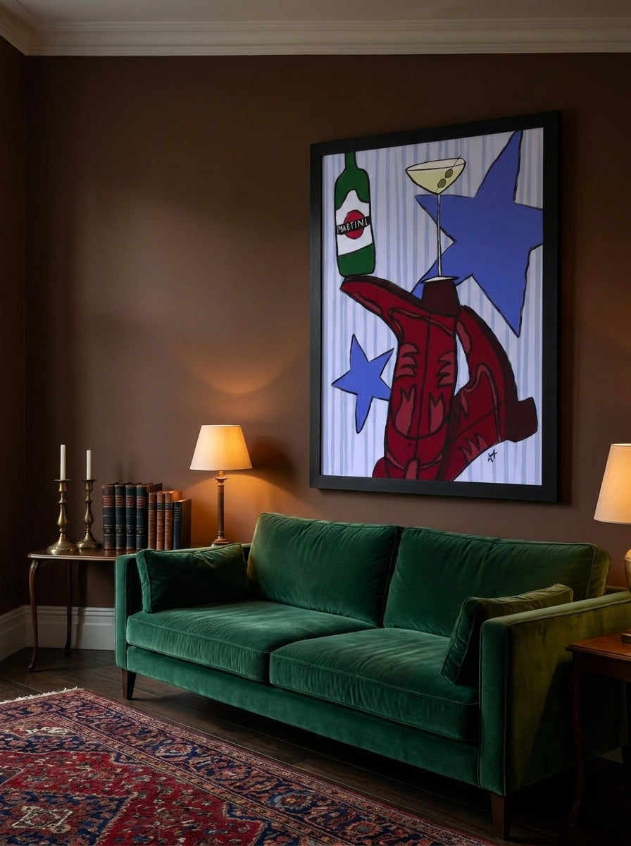 Oversized statement modern wall art print styled on the wall in a moody living room