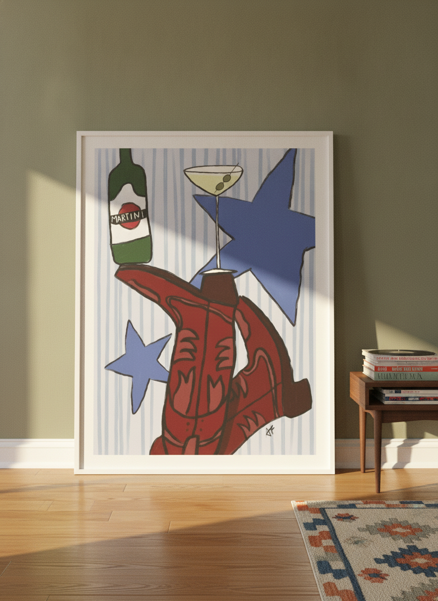 Oversized statement modern wall art print leaning against the wall in a mid-century dining room