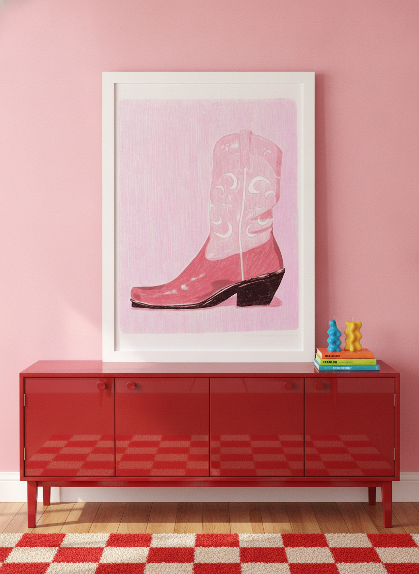 Modern wall art print standing on a sideboard in a colourful eclectic living room