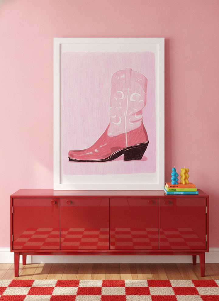 Modern wall art print standing on a sideboard in a colourful eclectic living room