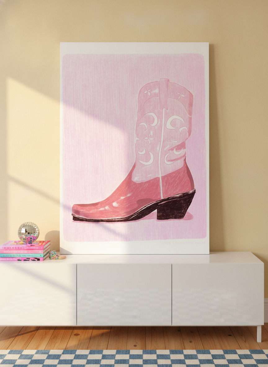 Stretched canvas wall art standing on a sideboard in a colourful eclectic bedroom