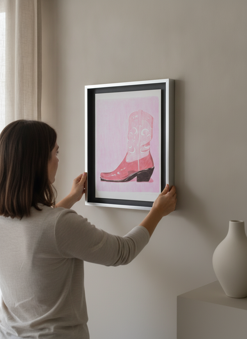 Person holding canvas wall art with a silver leaf surround in a luxe living room
