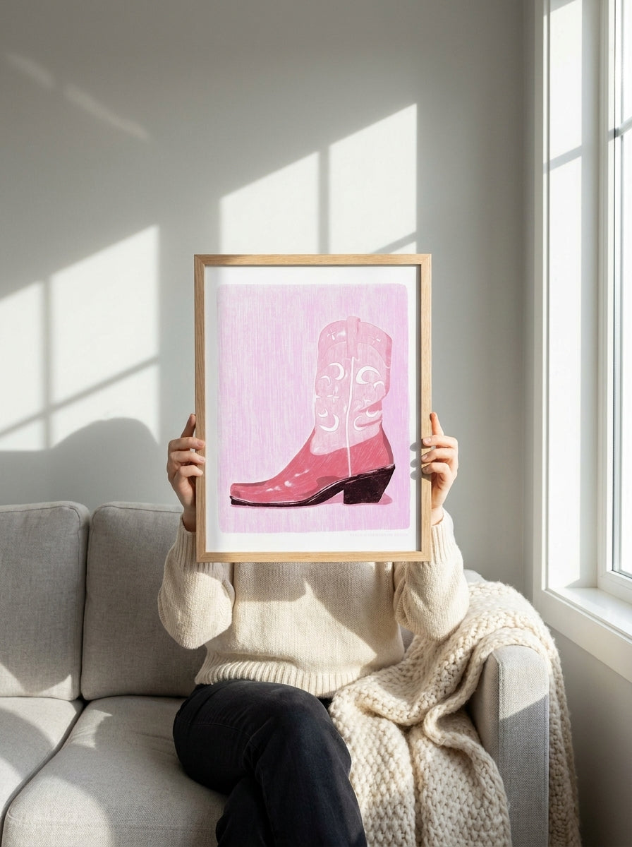 Person holding modern wall art print in a bright Scandinavian living room