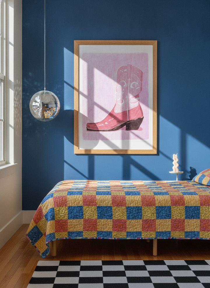 Modern wall art print styled on the wall in a colourful eclectic bedroom