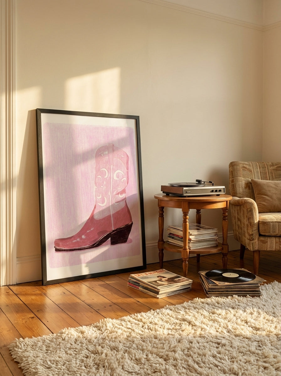 Oversized statement modern wall art print leaning against the wall in a retro 70s living room