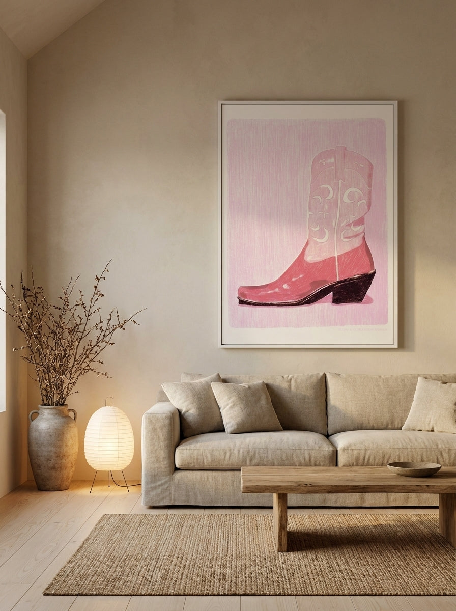 Oversized statement modern wall art print styled on the wall in a warm Japandi living room