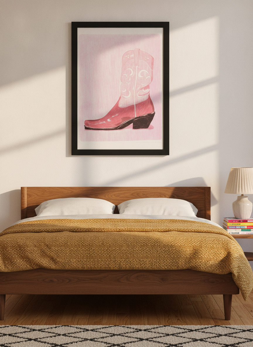 Modern wall art print styled on the wall in a mid-century bedroom